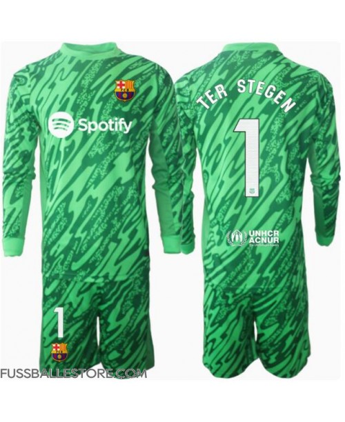 Günstige Barcelona Ter Stegen #1 Torwart Auswärts Trikotsatzt Kinder 2024-25 Langarm (+ Kurze Hosen)